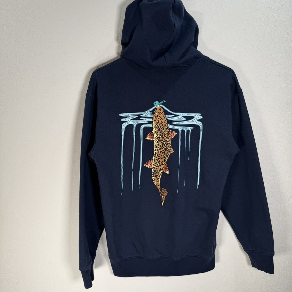 Grundens Hoodie Sweatshirt Mens Sz S Brown Trout Navy Blue Riser Fishing